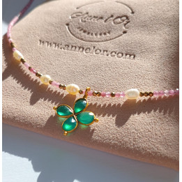 Murmures Precieux® dash and dot jewellery ‘Mère veilleuse’ necklace in pink tourmaline semi-precious stone and cultured pearls, hand-thread, with a cross pendant on its pink velvet packaging with jewellery purse