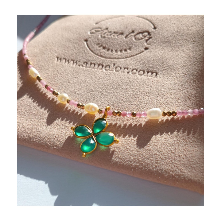 Murmures Precieux® dash and dot jewellery ‘Mère veilleuse’ necklace in pink tourmaline semi-precious stone and cultured pearls, hand-thread, with a cross pendant on its pink velvet packaging with jewellery purse